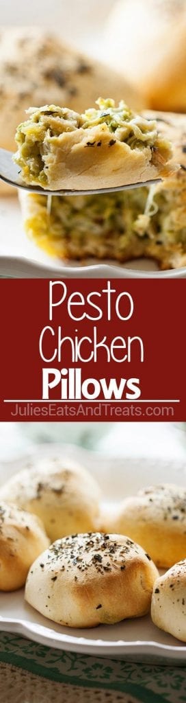 Collage with top image of a bite of pesto chicken on a fork, middle red banner with white text reading pesto chicken pillows and bottom image of five pesto chicken pillows on a white plate