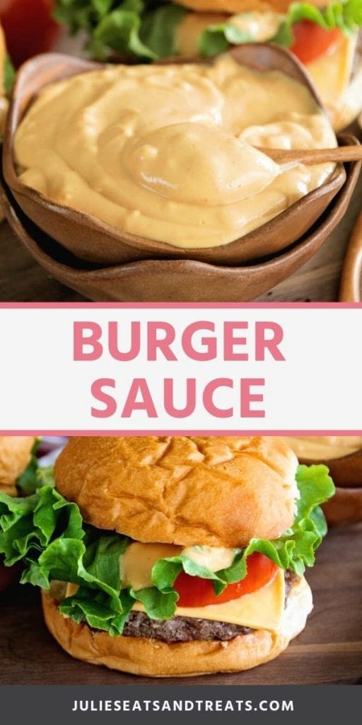 Burger Sauce collage, top image of a bowl full of burger sauce, bottom image of a cheese burger with lettuce, tomato, and burger sauce on a cutting board