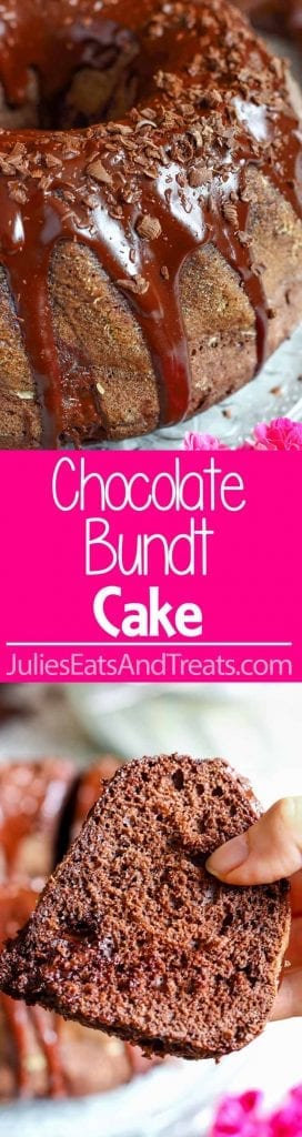 Collage with top image of a chocolate bundt cake on a clear plate, middle pink banner with white text reading chocolate bundt cake,and bottom image of a hand holding a slice of chocolate cake