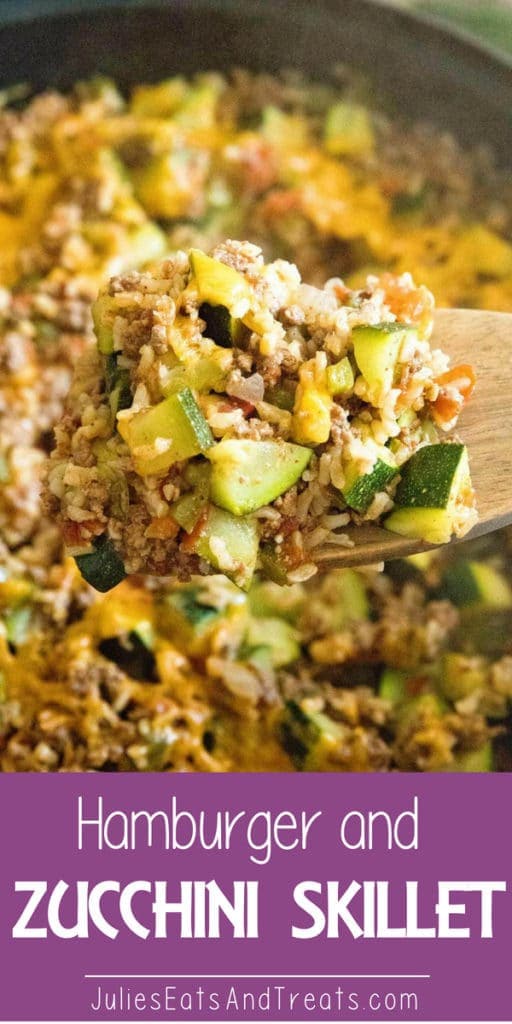 Hamburger and zucchini skillet on a wooden spatula