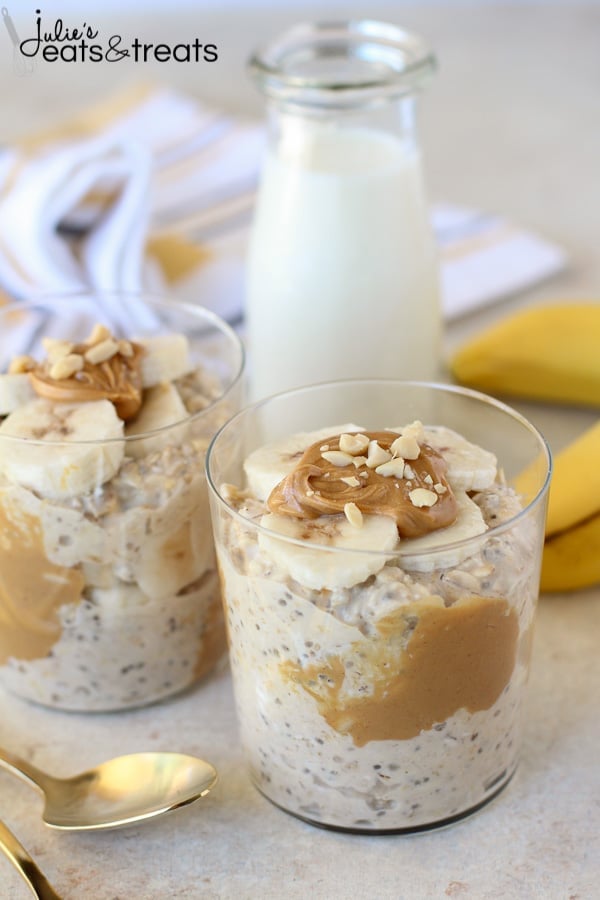 Peanut Butter Banana Overnight Oats in glass cup