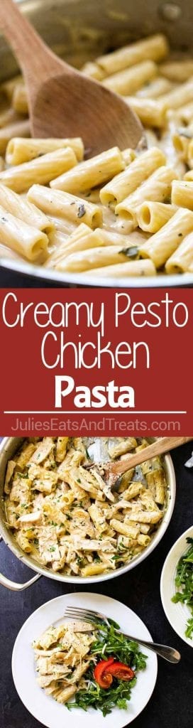 Creamy pesto chicken Pasta collage. The top image is a wooden spoon stirring pasta around and the bottom image is a plate with some pasta on it with greens. The middle is a red background with the words creamy pesto chicken pasta in white lettering