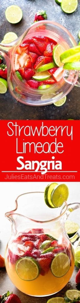 Two picture collage of Strawberry limeade sangria with the top picture being a overhead view of the sangria in a clear pitcher and limes around it and the bottom picture is a clear pitcher filled with strawberry limeade sangria and in the middle is a red background with the word strawberry limeade sangria in white letters