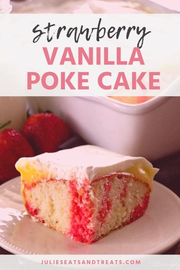 Piece of strawberry vanilla poke cake with whipped topping frosting on a plate