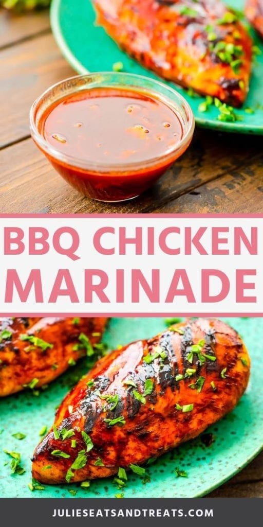 Collage with top image of a small glass bowl of bbq marinade, middle banner with pink text reading bbq chicken marinade, and bottom image of chicken breasts on a blue plate