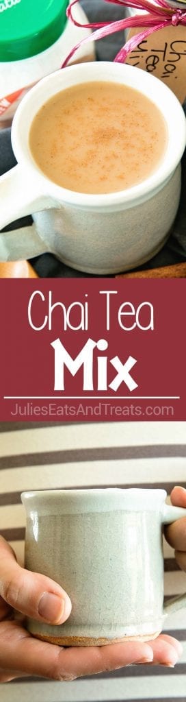 A collage with top image of a mug of chai tea next to jars of chai tea mix and splenda, middle red banner with white text reading chai tea mix, and a bottom image of a woman in a striped sweater holding a mug of tea