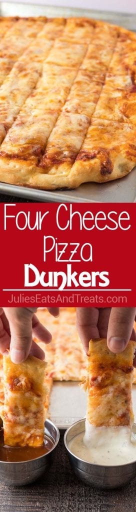 Collage with top image of a four cheese pizza cut into strips on a baking sheet, middle red banner with white text reading four cheese pizza dunkers, and bottom image of two hands dipping pizza dunkers into two small metal cups of dip one ranch dressing and one marinara sauce