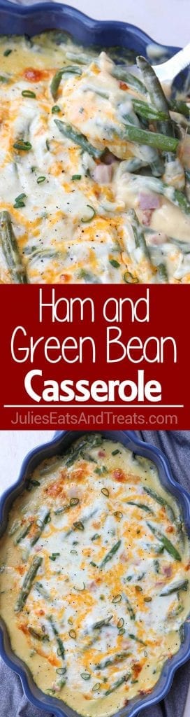 A collage with top image of ham and green bean casserole in a blue dish, middle red banner with white text reading ham and green bean casserole, and bottom image over head of the casserole