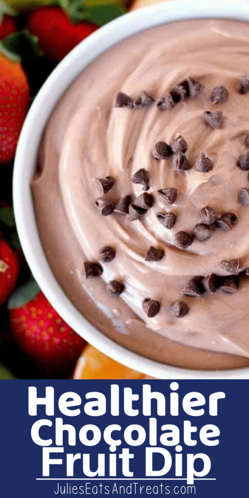 Chocolate Fruit Dip with chocolate chips on top in a white bowl