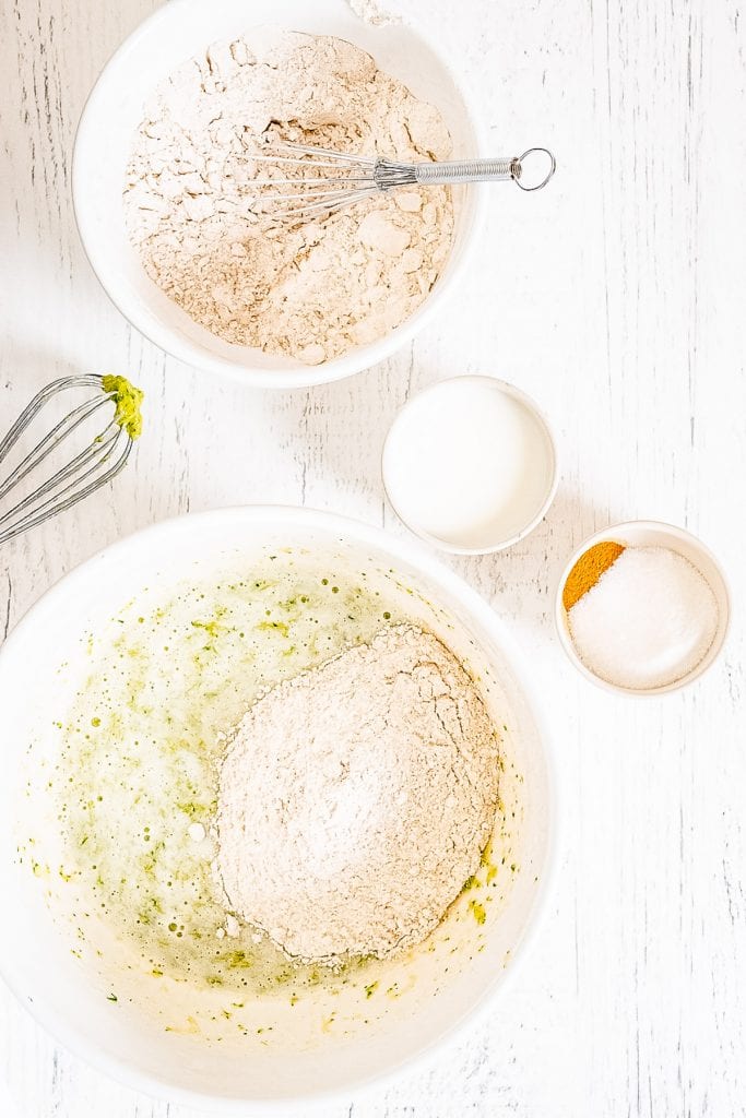 Dry ingredients added to wet ingredients for Zucchini bread