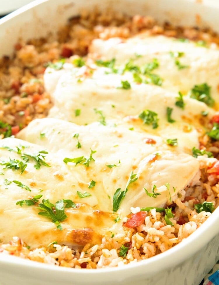 Italian Cheesy Chicken and Rice Casserole in a white baking dish