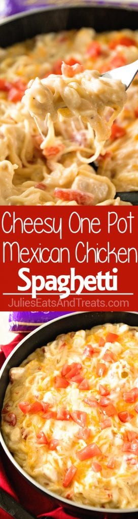 Collage with top image of a bite of mexican spaghetti on a fork, middle banner with white text reading cheesy one pot mexican chicken spaghetti, and bottom image overhead of cheesy one pot mexican spaghetti n a skillet pan