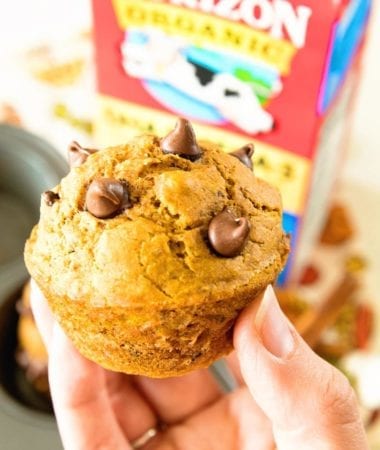 Hand holding a chocolate chip pumpkin muffin in front of a carton of milk