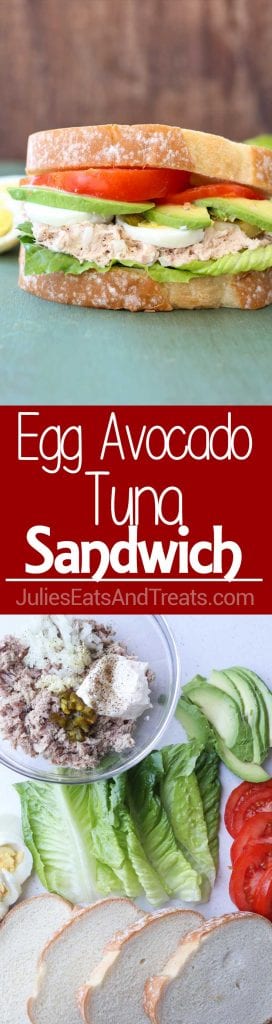 Collage with top image of a sandwich with avocados and tomatoes, middle red banner with white text reading egg avocado tuna sandwich, and bottom image of four slices of bread, lettuce leaves, avocado slices, slices of tomato, and tuna in a clear glass bowl