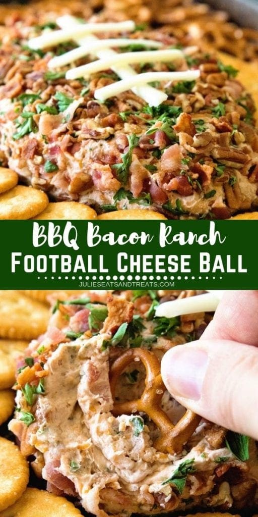 Collage with top image of a football shaped cheese ball, middle green banner with white text reading bbq bacon ranch football cheese ball, and bottom image of a hand dipping a pretzel