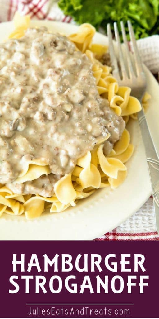 Hamburger stroganoff served over egg noodles on a white plate