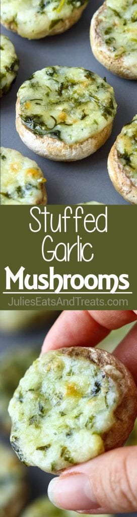 Collage with top image of stuffed mushrooms on a sheet pan, middle green banner with white text reading stuffed garlic mushrooms, and bottom image of a hand holding a stuffed mushroom