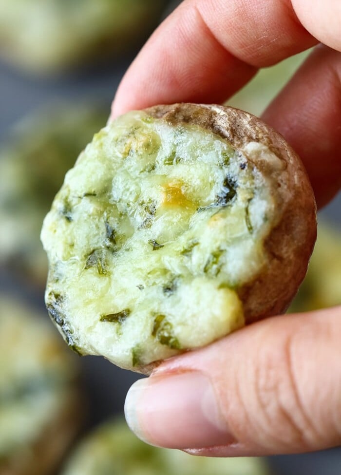 Hand holding a garlic stuffed mushroom