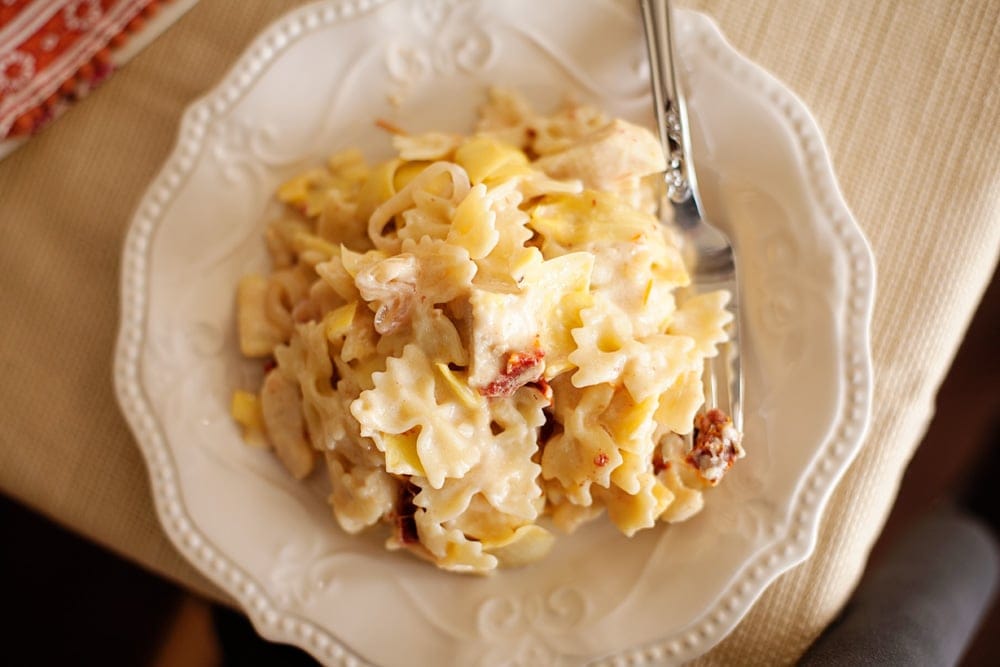 This Sun-dried Tomato and Artichoke Pasta is quick and easy to make with bottled Alfredo sauce.