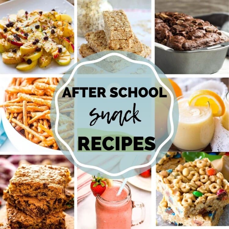 After School Snack Ideas Square Collage with text overlay of title in the middle and a collage of images of recipe around that.