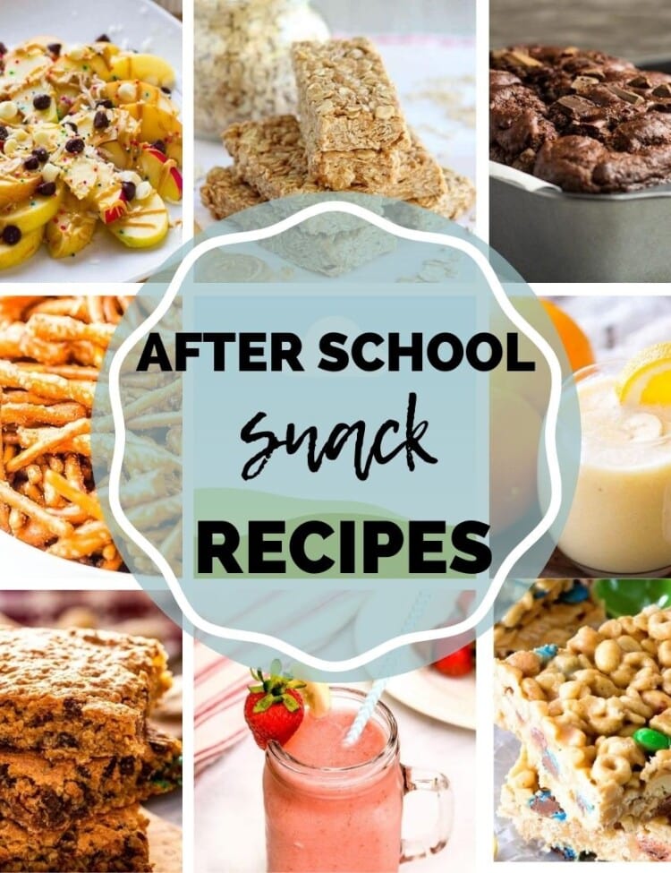 After School Snack Ideas Square Collage with text overlay of title in the middle and a collage of images of recipe around that.