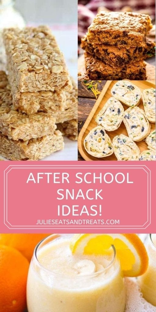 After School Snack Recipes Pin image with top showing a collage of three images of recipes, text overlay of title under and a photo of smoothie on bottom.