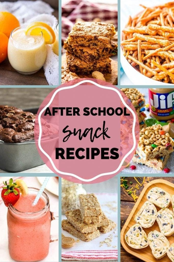 After School Snack Ideas! Pin Image with center text overlay of title and a collage of photos around it of the recipe images.