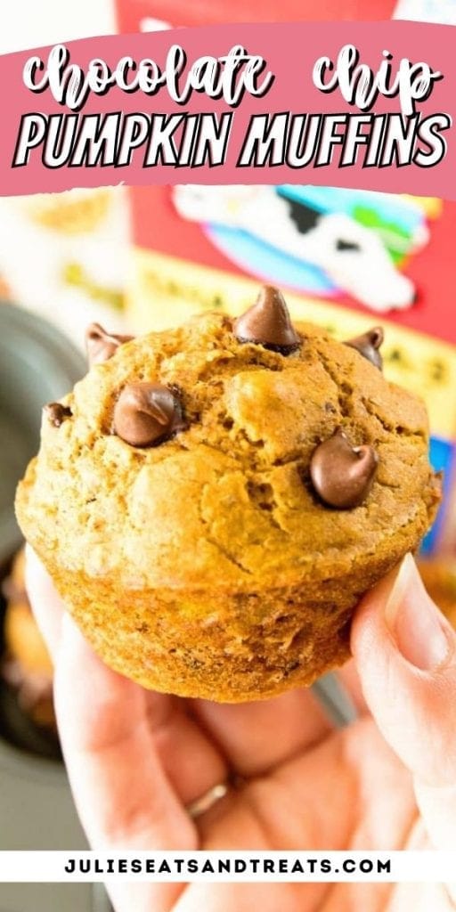 Pin Image for Chocolate Chip Pumpkin Muffins with text overlay of recipe name on top and bottom showing a photo of muffin.