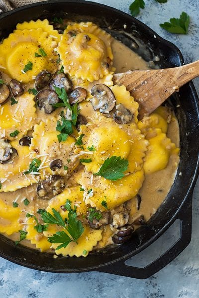THIS CHEESE RAVIOLI IN CREAMY MUSHROOM SAUCE IS MADE EASY USING STORE BOUGHT RAVIOLI AND MADE EXTRA DECADENT WITH A SIMPLE GARLIC MUSHROOM CREAM SAUCE!