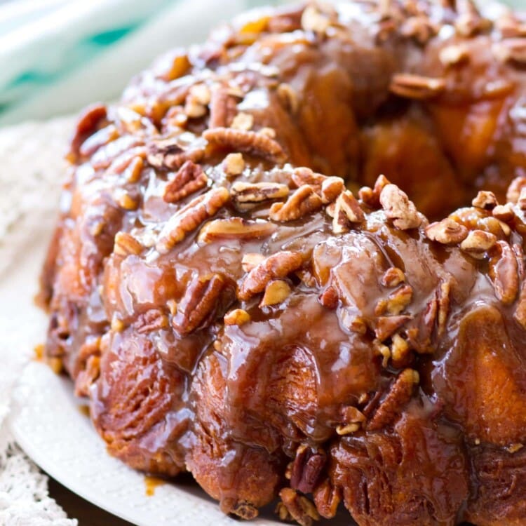 maple pecan monkey bread on a white plate