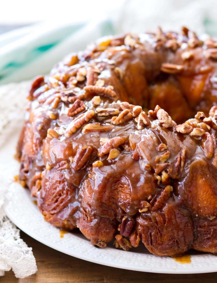 maple pecan monkey bread on a white plate