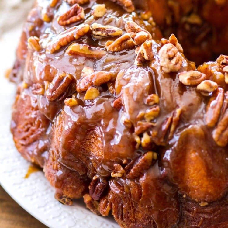 Bundt cake shaped maple pecan monkey bread on a white plate