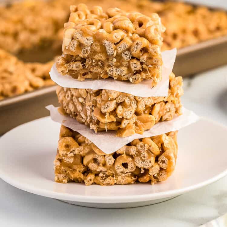 No Bake Peanut Butter Cheerio Bars Square cropped image