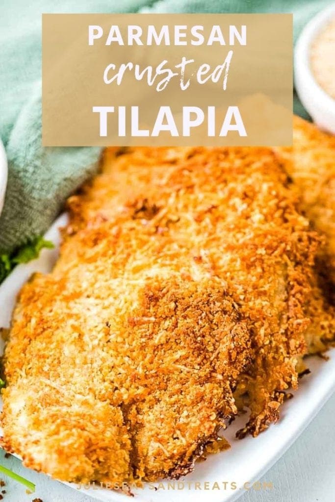 Parmesan crusted tilapia fillets on a white serving tray