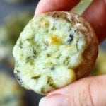 Close up image of a hand holding a stuffed mushroom