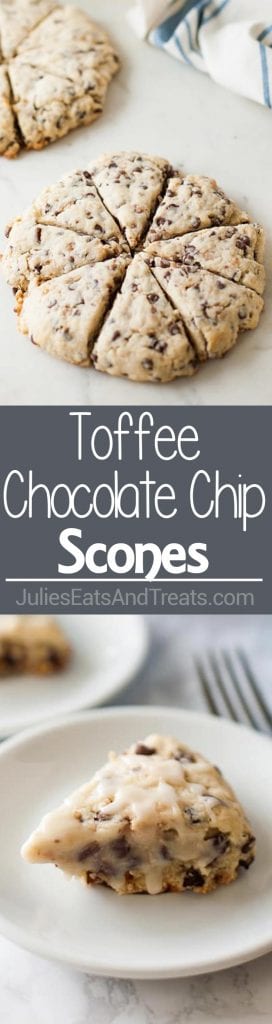 Collage with top image of a sliced circle of scones, middle grey banner with white text reading toffee chocolate chip scones, and bottom image of a chocolate chip scone with icing on a white plate