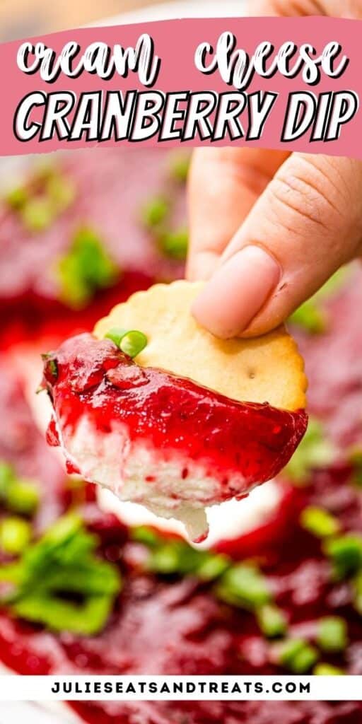 Cranberry Cream Cheese Dip Pin Image with text overlay of recipe name on top with a photo of dip on a cracker below