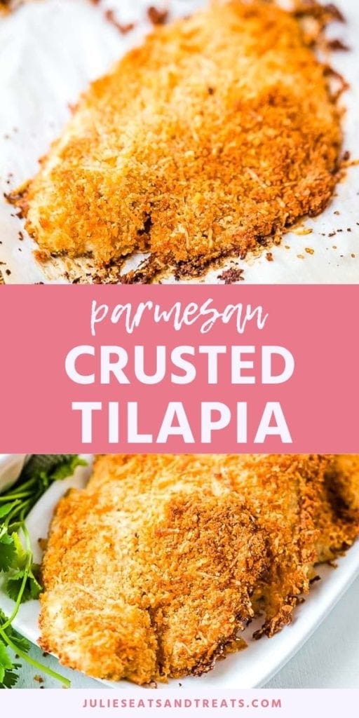 Collage with top image of a piece of parmesan tilapia on wax paper, middle pink banner with white text reading Parmesan crusted tilapia, and bottom image of several pieces of prepared tilapia on a white serving tray