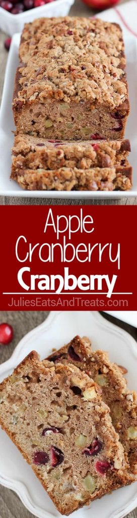 Collage with top image of a partially sliced loaf of bread on a white tray, middle red banner with white text reading apple cranberry cranberry, and bottom image of two slices of bread on a white plate