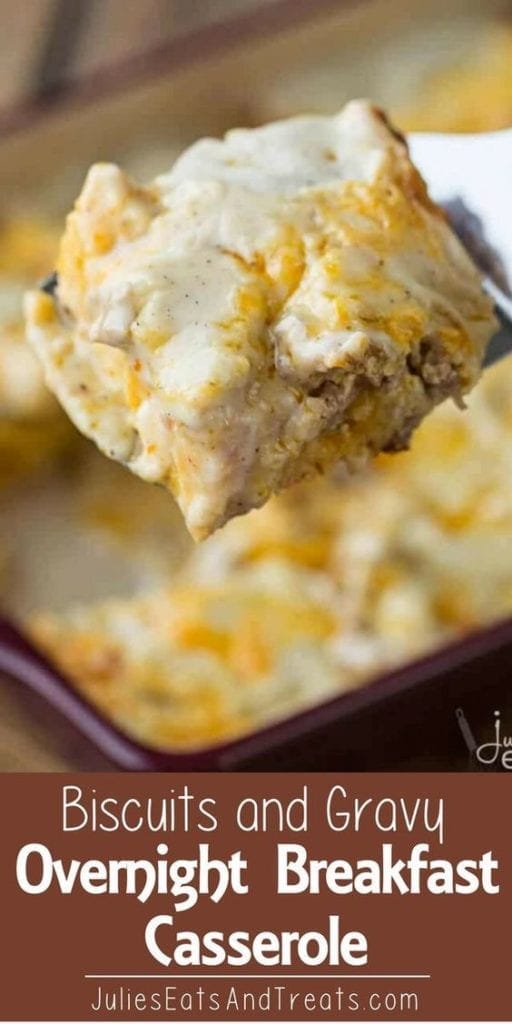 Biscuits and gravy overnight breakfast casserole slice on a spatula