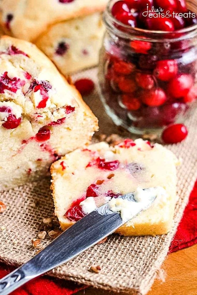Slice of Cream Cheese Cranberry Bread with butter
