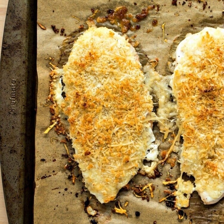 Two healthy parmesan crusted chicken breasts on a paper lined baking sheet
