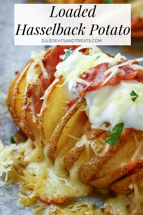 Loaded hasselback potato on baking sheet