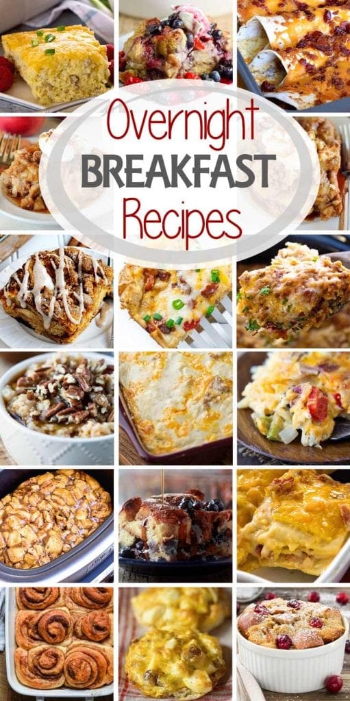 Collage with seventeen photos of breakfast foods with an oval near the top containing text reading overnight breakfast recipes