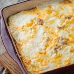 Biscuits and gravy overnight breakfast casserole in a square casserole dish