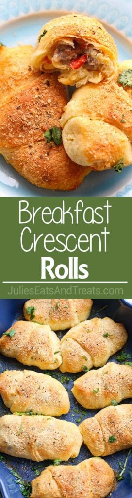 Collage with top image of three breakfast crescent rolls on a plate one half eaten, middle green banner with white text reading breakfast crescent rolls, and bottom image overhead of breakfast crescent rolls in a serving bowl