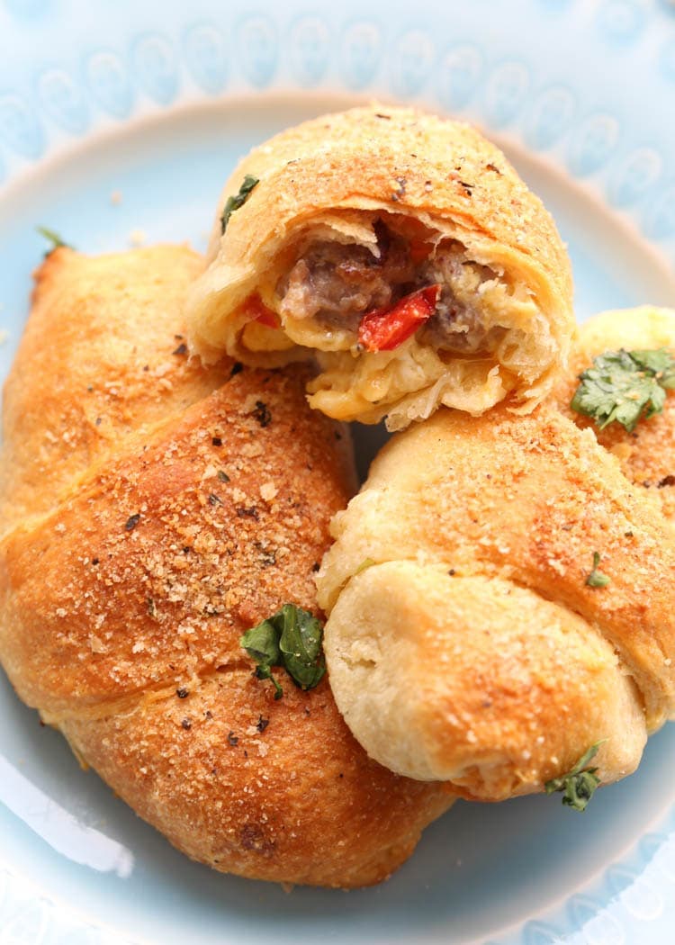 Easy breakfast made of crescent rolls, Sausage, Peppers, Egg and Cheese