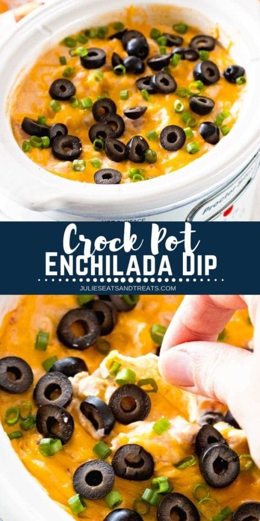 Collage with top image overhead of a white crock pot of enchilada dip, middle navy banner with white text reading crock pot enchilada dip, and bottom image of a dip being dipped into enchilada dip