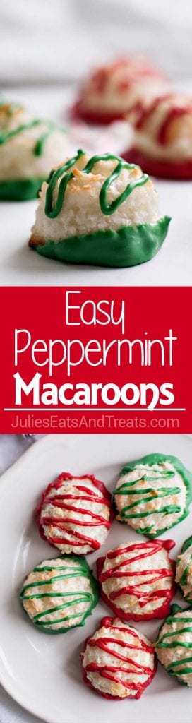 Collage with top image of four peppermint macaroons on a white surface two green and two red, middle red banner with white text reading easy peppermint macaroons, and bottom image overhead of four green and three red macaroons on a white plate