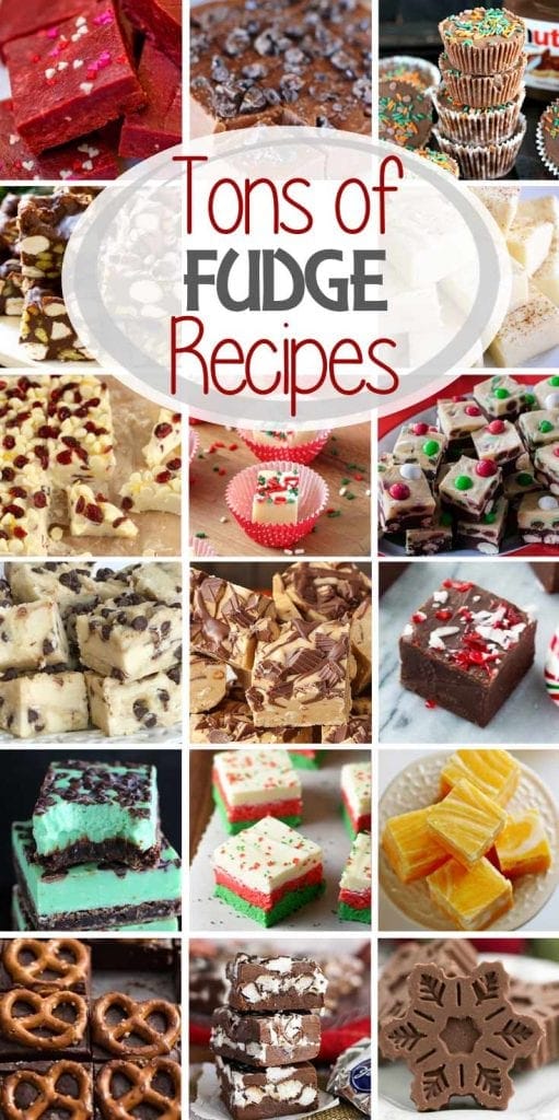 A collage of seventeen square pictures of fudge and an oval at the top reading tons of fudge recipes